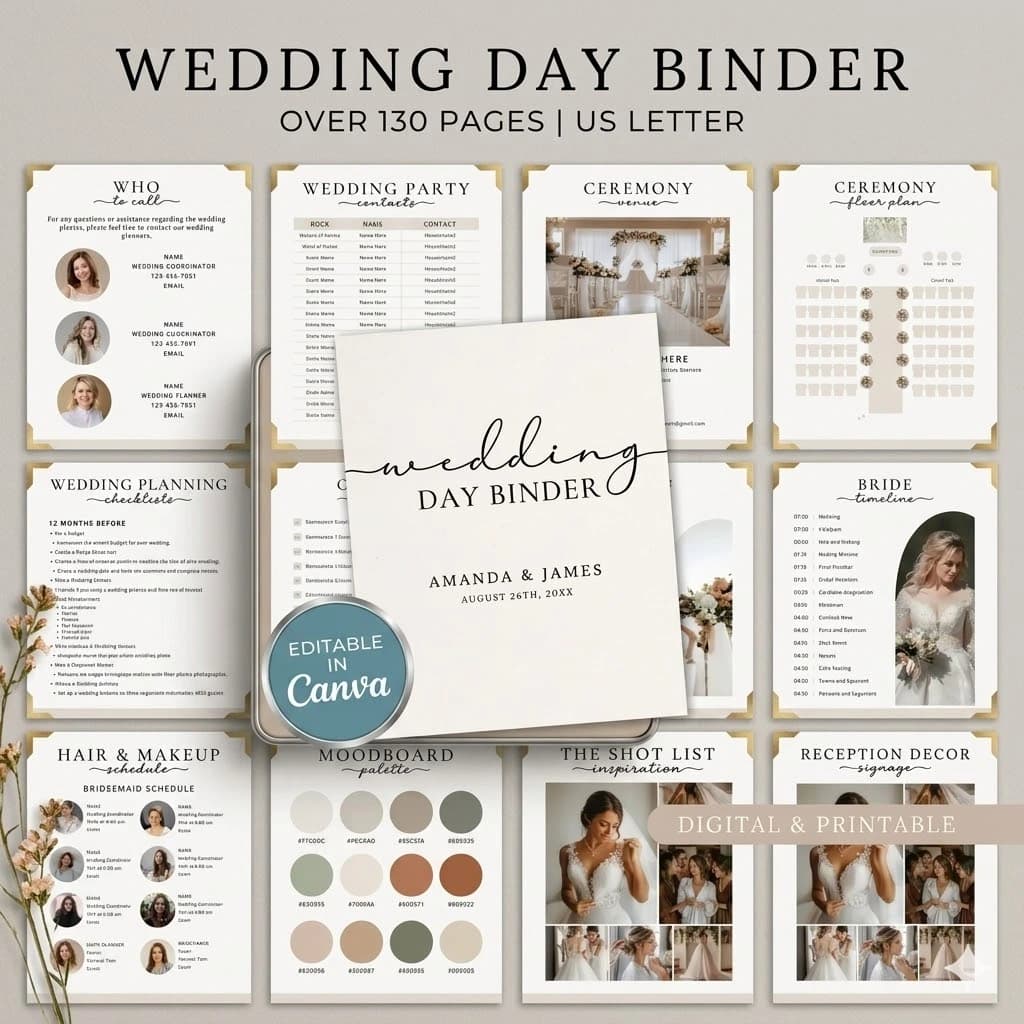 Wedding Day Binder Template – Printable & Editable in Canva | US Letter | PDF for Print & Goodnotes