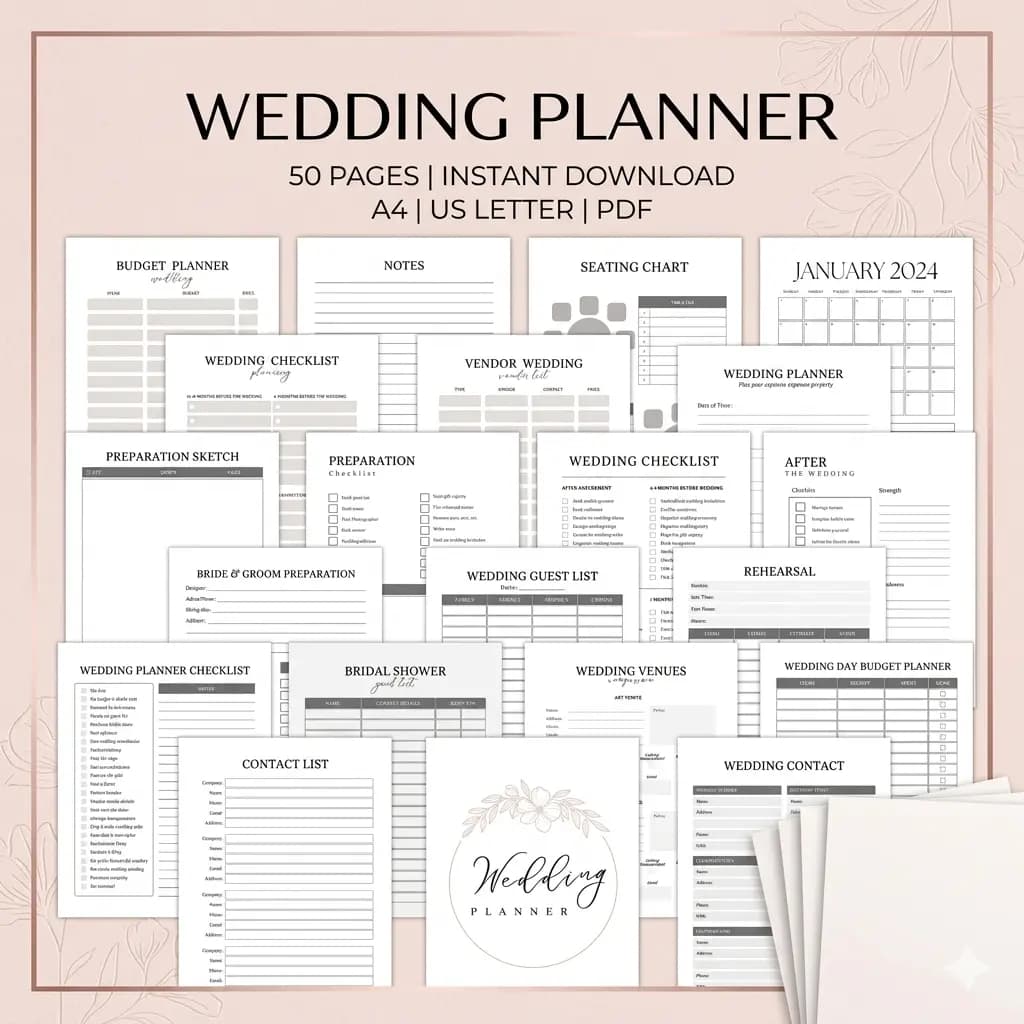 Wedding Planner Printable PDF – 50 Pages | A4 & US Letter | Checklist, Budget, Guest List & Timeline